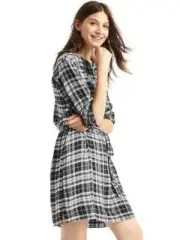 NEW GAP Womens Plaid Black White Long Sleeve Button Tie Shirt Dress XS