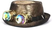 [LINCYS] 100% Leather Fedora Hat Men Gold Pork Pie Hat Gear Glasses Flat Top Hat Gentleman Bowler Gambler Cosplay Hat 2 Size M L