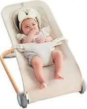 Fodoss Baby Bouncer, Portable Bouncer Seat for Babies, Portable Bedside Bassinet with Wheels, 7 Height Adjustable Baby Bassinet for Infants, Beige