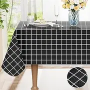 Rectangle Table Cloth, Waterproof Vinyl Tablecloths with Flannel Backing, Wipeable Plastic Plaid Table Cover for Dining, Picnic, Indoor and Outdoor (60" x 84", Black)