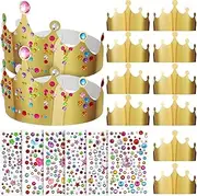 ifundom 12Pcs Gold Crown Hats Birthday Crown Hats with Self-Adhesive Diamond Stickers Paper Crown Hats Princess Prince Birthday Party