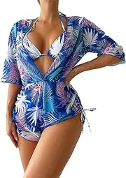 [COOLOYA] Women's Tropical Print 3 Piece Bikini Set Tie Bathing Suit with Bodysuit Cover Up, Blue Coconut Leaf, Small