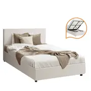 Oikiture Bed Frame King Single Size Gas Lift Base With Storage White Boucle