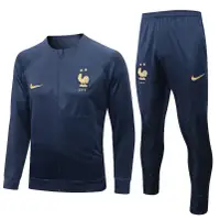在飛比找蝦皮購物優惠-2022-23法國深藍色足球夾克+褲子運動服拉鍊袖足球訓練運