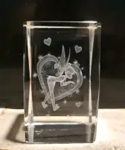 Disney TINKER BELL Heart 3D Laser Etched Crystal Cube 3 inch Glass Paperweight