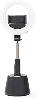 16cm/6 Inch Foldable Ring Light 3 Lig ng Modes 3000K-6500K Dimmable Built-in Battery 360° Facial Tracking with Phone Holders Extended Bracket Large Bot Base for Smarphone Live Streaming Online Black