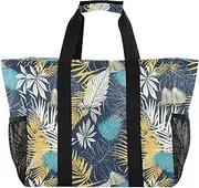 [sanluoli] Tote Bags Foldable Beach Bag Tote With Compartments Canvas Car Totes, Tropical Style Leaves Pattern Yellow and Blue, 1 size