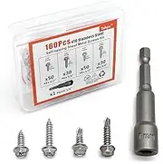 161Pack #8 Sheet Metal Screws 410 Stainless Steel Hex Washer Head Fast Self Tapping Drilling Screws with Screwdriver Bit Silver