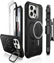 CaseBorne Compatible with iPhone 15 Pro Max Protective Case - Compatible with Magsafe, Rugged with Tempered Glass Screen Protector, Includes Kickstand & Belt-Clip Holster - Black