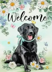 Welcome Spring Summer Black Labrador Dog Decorative Garden Flag, Puppy Daisy