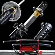 Black Walking Dead Katana Clay Tempered T10 Sharp Japanese Sword Leather Sheath