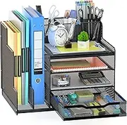 VIVSOL Desk Organizer with Mesh File Holder, 4-Tier Office Supplies Desk Organizers and Accessories with Sliding Drawers & Pen Holder, Desk File Organizer and Storage for Office, School, Home, Black