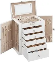 SONGMICS 6 Tier Jewelry Box, Jewelry Case with 5 Drawers, Large Storage Capacity, with Mirror, Lockable, Jewelry Storage Organizer, For Watches, White UJBC152W01