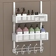 Adjustable Over The Door Hooks Organizer, Door Hanger Coat Rack with 2 Mesh Baskets and 10 Hooks, Back of Door Storage Organizer for Bedroom,Bathroom,Kitchen (White)