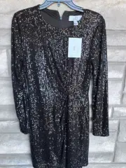 Belle Badgley Mischka Black Sequin Longsleeve NWT Harley Long Fringed Dress Sz 2