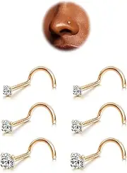 [BodyBonita] 6pcs Nose Studs - 316L Surgical Steel Corkscrew Nose Rings 18G/20G/22G Nose Piercing Stud 1.5mm 2mm 3mm CZ Screw Nose Rings Studs Nostril Piercing Jewellery for Women Men
