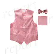New wedding formal Men's paisley Tuxedo Vest Waistcoat_Bowtie & Hankie Pink prom