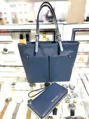Michael Kors MK Medium Navy Bag Tote Handbag Shoulder Purse + id Wallet Wristlet