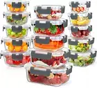 15 Pack Glass Food Storage Containers, Airtight Lids, Meal Prep, BPA Free, Grey