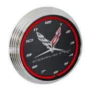 2020-2024 C8 Corvette Red Light Up Neon Garage Wall Clock Crossed Flags Logo