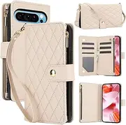 for Google Pxiel 7 Pro 5G Case,for Pixel 7 Pro Flip Case,6 Card Holders +1 Cash Slot Wallet Cover Magnetic Folio Closure Purse with Wristlet Crossbody Lanyard-Beige