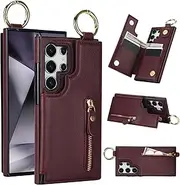 for Samsung Galaxy S25 Ultra Wallet Case with Zipper and Credit Card Holder, Cash Slot, PU Leather Magnetic Clasp Kickstand Heavy Duty Ring Protective Cover.(Red)