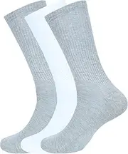 [ASSOTS] LONDON Women's Crew Socks Full Length Cotton Blend Solid Color | Lightweight Crew Casual Wear Business Sock, Pack of 3 Socks, Color - 1 White, 2 Grey, Size - 6 to 9, 1 White, 2 Grey
