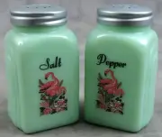 JADEITE GREEN GLASS TROPICAL PINK FLAMINGO SALT & PEPPER SHAKER SET