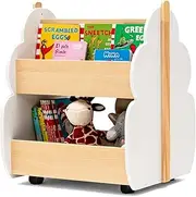 HONEY JOY Kids Wooden Bookshelf, Toddler Double-Sided Bookcase Toy Storage w/Universal Wheels, 2-Tier Children Storage Shelf Book Rack for Kids Room, Playing Room, Classroom, Kindergarten, White