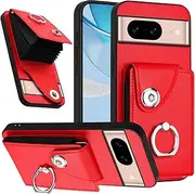 Case Compatible with Google Pixel 8A Wallet Magnetic Clasp [PU Leather + Shell + Card Holder] Ring Kickstand Red