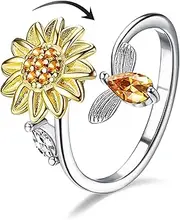 [Lian] Fidget Anxiety Rings for Women Sunflower Adjustable Open Spinner Ring Fidget Ring Cubic Zirconia Flower Bee Anxiety Stackable Ring Rotatable Calming Worry Meditation Ring