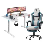 Advwin L Shape 140cm Gaming Desk RGB LED Light White & Gaming Chair Racing Seat w/Footrest Office Chair Green & Grey
