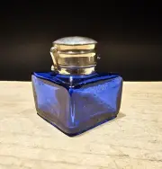 Vintage Antique Style Cobalt Blue Square Glass Inkwell Ink pot Bottle