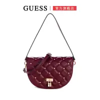 在飛比找Yahoo奇摩購物中心優惠-【GUESS】菱格縫線水鑽鎖扣斜背馬鞍包-酒紅