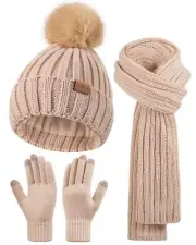 Winter Beanie Hat Scarf Gloves Set for Women Fleece Lined PomPom Hat Touchscr...
