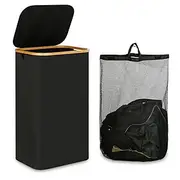 100L Laundry Basket with Lid, Clothes Hampers for Laundry with Bamboo Handles and A Removable Laundry Bag, Large Foldable Laundry Hamper for Bedroom, Bathroom,