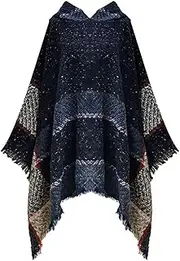 [TBSCWYF] Womens Knitted Poncho with Fringe Stretch Cowl Polo Neck Elegant Versatile Wrap Cape with Beads for Winter Cape Shawl Wrap Long Knitted Sweater Folded Roll Neck Button Jumper Ladies Poncho Top