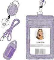 Retractable ID Badge Holder, Multipurpose Bling Rhinestone Badge Reel with Belt Clip, Shiny PU Leather Badge Holder with Lanyard and Pen Holder for Nurse, Teacher, Student, Office Worker (Purple)