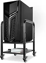 Computer CPU Tower Stand, Desktop ATX-Case Stand Holder, Height Adjustable 2-Tier Under Desk Steel Rolling Stand, Mobile Tower Case Stand Cart with Locking Caster Wheels, Black