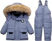 [Boodtag] 2pcs Unisex Baby Kids Puffer Winter Warm Hooded Down Coat with Snowsuit Snow Bib Pants Toddler Thickened Ski Suits Outfit Set 18 Months-5 Years