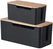 2Pcs Cable Management Box with Wood Lid, 11.7cmx23.8cmx12cm+14cmx31cmx13cm, Cord Organizer for Desk, TV, Computer, USB Hub, Power Strip, Charging Cords – Child and Pet Safe (Black)