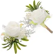 [FOMIYES] 2pcs White Silk Flower Boutonniere for Groom and Bridesmaid Lightweight Corsage Wristlet Pin for Weddings Proms and Formal Events Memorable Keepsake Decoration