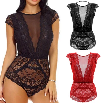 Women Sexy Lingerie Short Sleeve Black Sheer Mesh Lace Teddy Babydoll Bodysuit