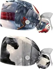 [YTYVAGT] 2-Pc,Nurse Scrub Caps,Scrub Hats with Buttons and Cotton Sweatband,Happy Snowman Winter Skiing Background