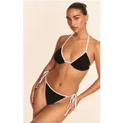 Black Crinkle Contrast Binding Triangle Bikini Top, Black
