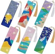 SWATOM 6 Pcs 5D Diamond Painting Bookmarks Sun & Moon Nature Acrylic Diamond Art Bookmark with DIY Painting Kits Tassels & Wood Beads Pendant Rhinestone Bookmarks