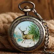 Retro Steampunk Hand Winding Mechanical Pocket Watch Gift Elk Moose Pendant
