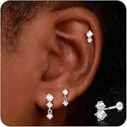 [Chriscoco] 3 Pairs 18G Cartilage Earrings Flat Back Earrings for Women Men Hypoallergenic Internally Threaded CZ Tragus Stud Earrings Helix Labret Conch Piercing Jewellery Silver/Gold