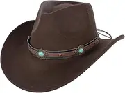 [Boarle] Classic Wool Cowboy Hat for Men and Women Autumn Winter Western Style Felt Hat with Strap Design Decorative Sapphire Band Outdoor Sun Hat(Coffee), Brown, One size