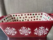 Holiday Time Mini Loaf Pan Snowman & Snowflakes 6X3X2.5 Inches Stoneware. ~NWT